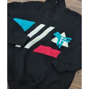 Vtg Tyrolia Sweater Black Pullover Mock Neck Long Sleeve Geometric 100%Wool Sz L